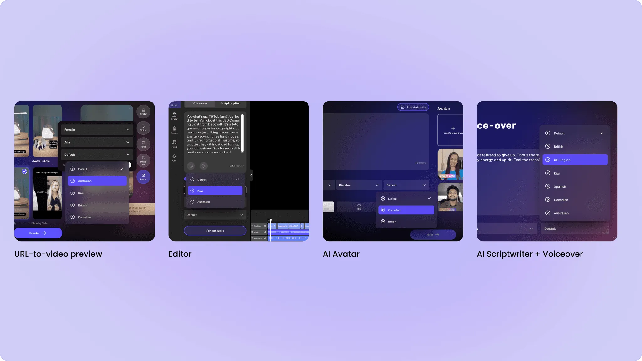 A single image displaying four different screens of a text-to-video editing application.