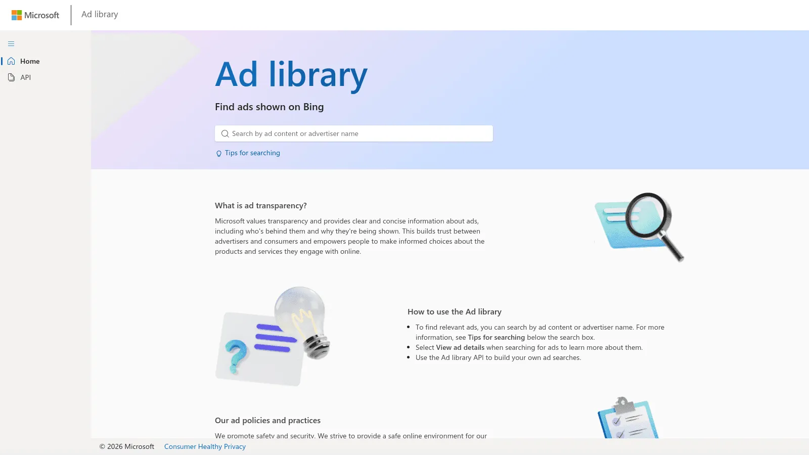The Microsoft Ad library homepage showing a search bar and information about ad transparency.